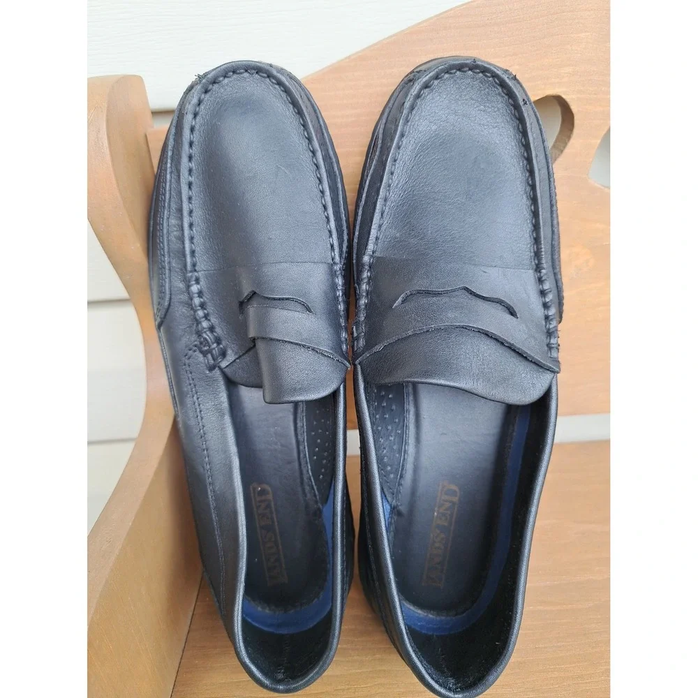 LANDS'END Men's Black Leather Classic Penny Loafers Slip-On Comfort Shoes 9D New